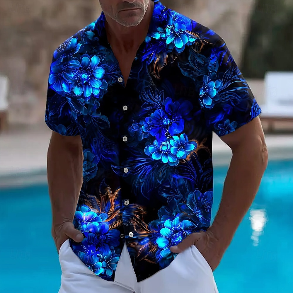 Vintage Hawaiian Floral Shirt - ผู้ชายพิมพ์ลายดอกไม้ Neon GLOW ดอกไม้ฤดูร้อนเสื้อฮาวายปุ่มเสื้อ Aloha เสื้อแขนสั้นฮาวายวันหยุด