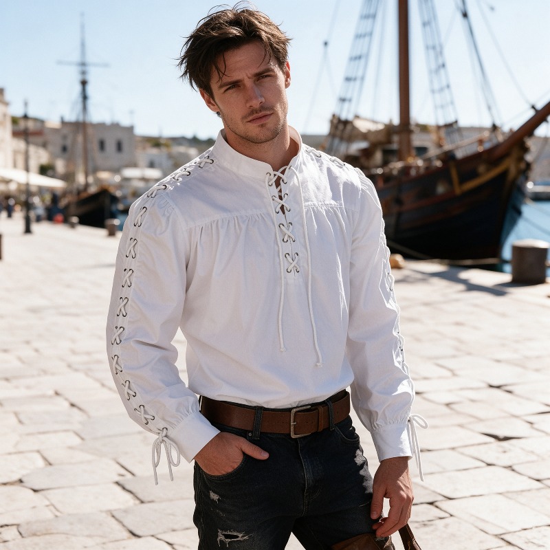 Medieval Gothic Lace Up Pirate Shirt - เสื้อเชิ้ตผู้ชายสไตล์ยุคกลาง ลูกไม้ผูกเชือก แนวเรอเนซองส์ กอธิค ไวกิ้ง สตีมพังก์