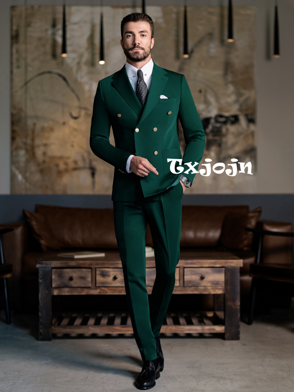 Suits - ชุดสูทผู้ชายสีเขียวทรงเข้ารูป 2 ชิ้น เสื้อแจ็คเก็ตและกางเกง สำหรับงานวันเกิด งานเลี้ยง