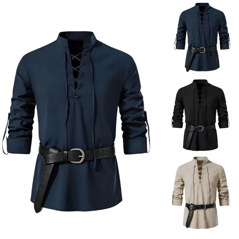 Medieval Gothic Lace Up Pirate Shirt - เสื้อเชิ้ตผู้ชายสไตล์ไวกิ้งยุคกลาง คอตั้ง ผูกเชือก แขนยาว ผ้าฝ้ายผสมลินิน วินเทจ