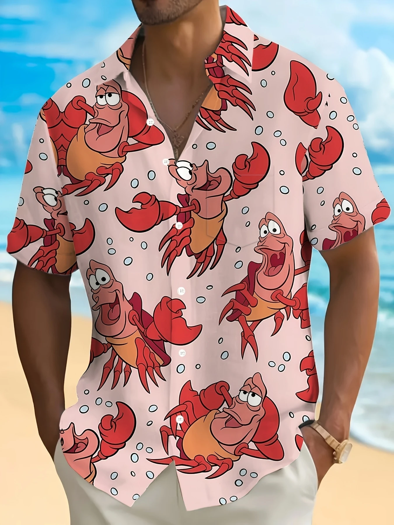 Vintage Hawaiian Floral Shirt - เสื้อฮาวายลายการ์ตูนกุ้งก้ามกรามเซบาสเตียน รุ่นใหม่ปี 2026 สไตล์อเมริกัน-เกาหลี ทรงโอเวอร์ไซส์ เหมาะสำหรับวันพักผ่อนริมชายหาด