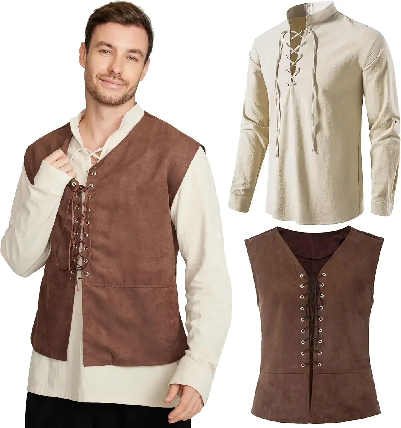 Medieval Gothic Lace Up Pirate Shirt - ชุด 2 ชิ้น เสื้อกั๊กโจรสลัดยุคกลางสำหรับผู้ชาย เสื้อเชิ้ตแขนยาว ชุดคอสตูมยุคเรอเนซองส์