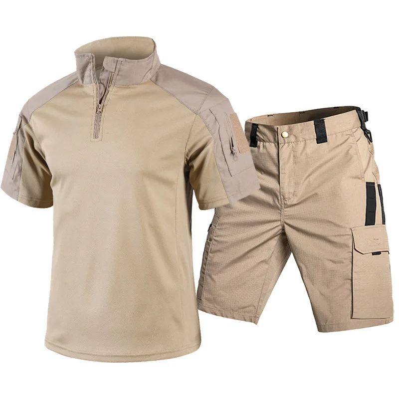 Tactical Military Shirt Cargo - ชุดเสื้อยืดแขนสั้นและกางเกงขาสั้นสไตล์ทหารสำหรับผู้ชาย เหมาะสำหรับกิจกรรมกลางแจ้ง เช่น เดินป่า ล่าสัตว์ และตั้งแคมป์