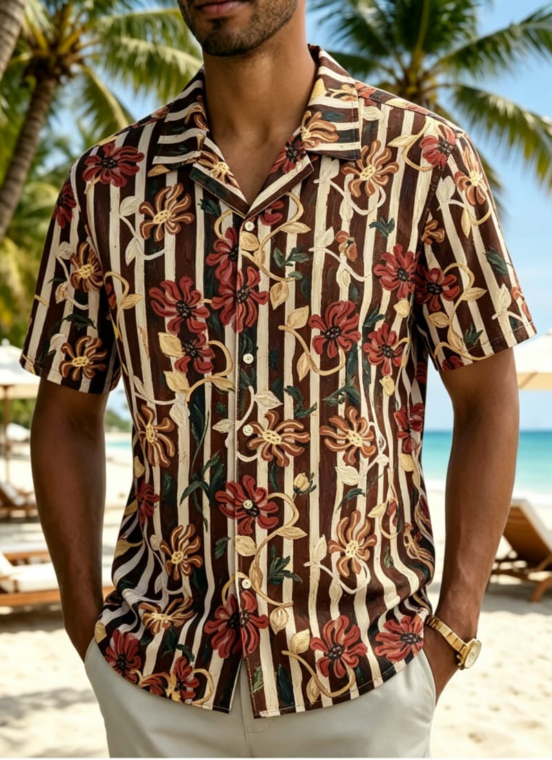 Vintage Hawaiian Floral Shirt - เสื้อเชิ้ตฮาวายลายดอกไม้สไตล์วินเทจสำหรับผู้ชาย เหมาะสำหรับวันหยุดฤดูร้อน ปาร์ตี้ริมชายหาด ชุดลำลอง และงานดนตรี