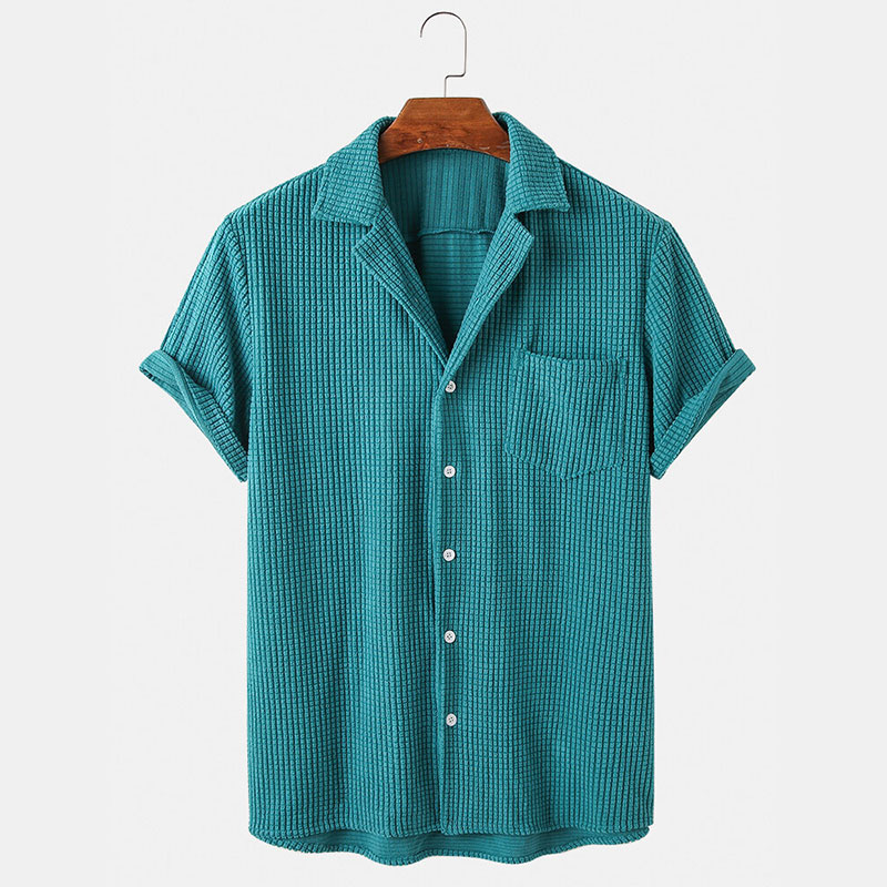 Corduroy Button Up Shirt Men - ฤดูร้อนเสื้อผ้าผู้ชายหรูหรา Corduroy ลายสก๊อตเสื้อแขนสั้น Casual Streetwear ปุ่มลงสีทึบ