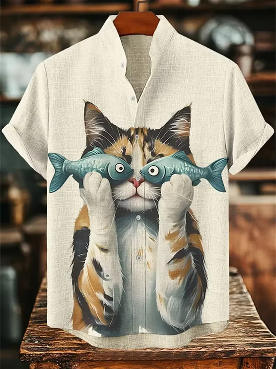 Vintage Hawaiian Floral Shirt - เสื้อเชิ้ตแขนสั้นลายฮาวายสำหรับผู้ชาย ลายแมวดำวินเทจ ลายดอกไม้เมฆ ลายอุคิโยเอะ พิมพ์ลายทั่วตัว สไตล์ตะวันออก