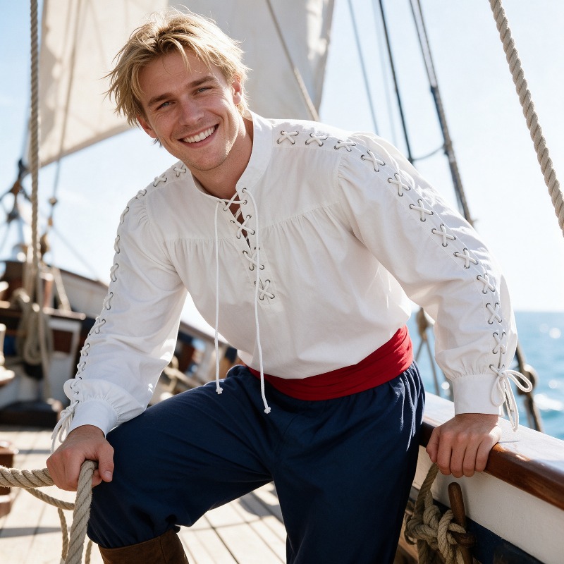 เสื้อเชิ้ตผู้ชายสไตล์ยุคกลาง ล - Medieval Gothic Lace Up Pirate Shirt บทวิจารณ์และราคา