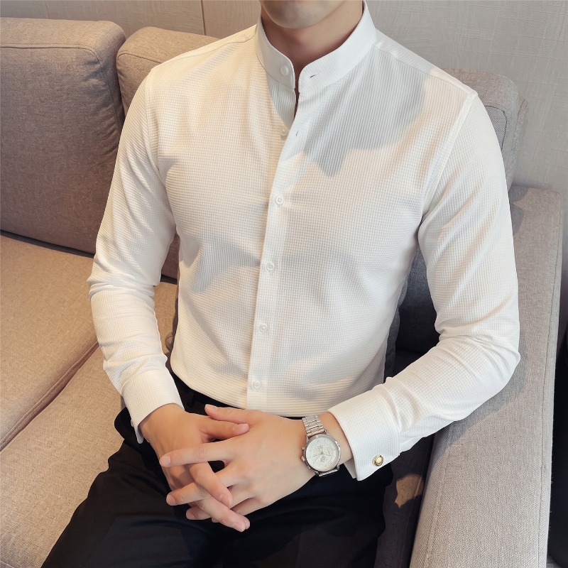 เสื้อเชิ้ตแขนยาวสำหรับผู้ชาย ค - Mandarin Collar Formal Shirt Slim Fit บทวิจารณ์และราคา