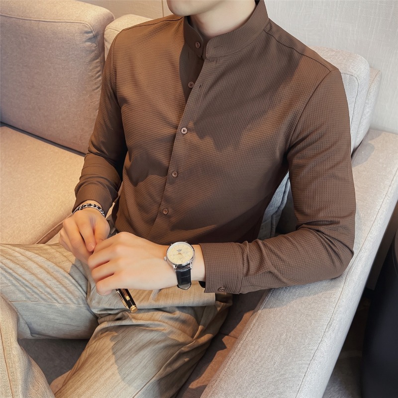 เสื้อเชิ้ตแขนยาวสำหรับผู้ชาย ค - Mandarin Collar Formal Shirt Slim Fit บทวิจารณ์และราคา