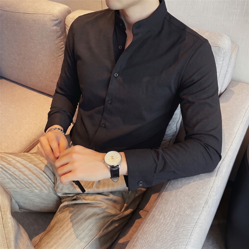 เสื้อเชิ้ตแขนยาวสำหรับผู้ชาย ค - Mandarin Collar Formal Shirt Slim Fit บทวิจารณ์และราคา