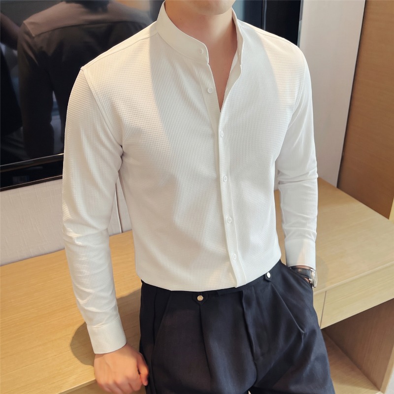 เสื้อเชิ้ตแขนยาวสำหรับผู้ชาย ค - Mandarin Collar Formal Shirt Slim Fit บทวิจารณ์และราคา