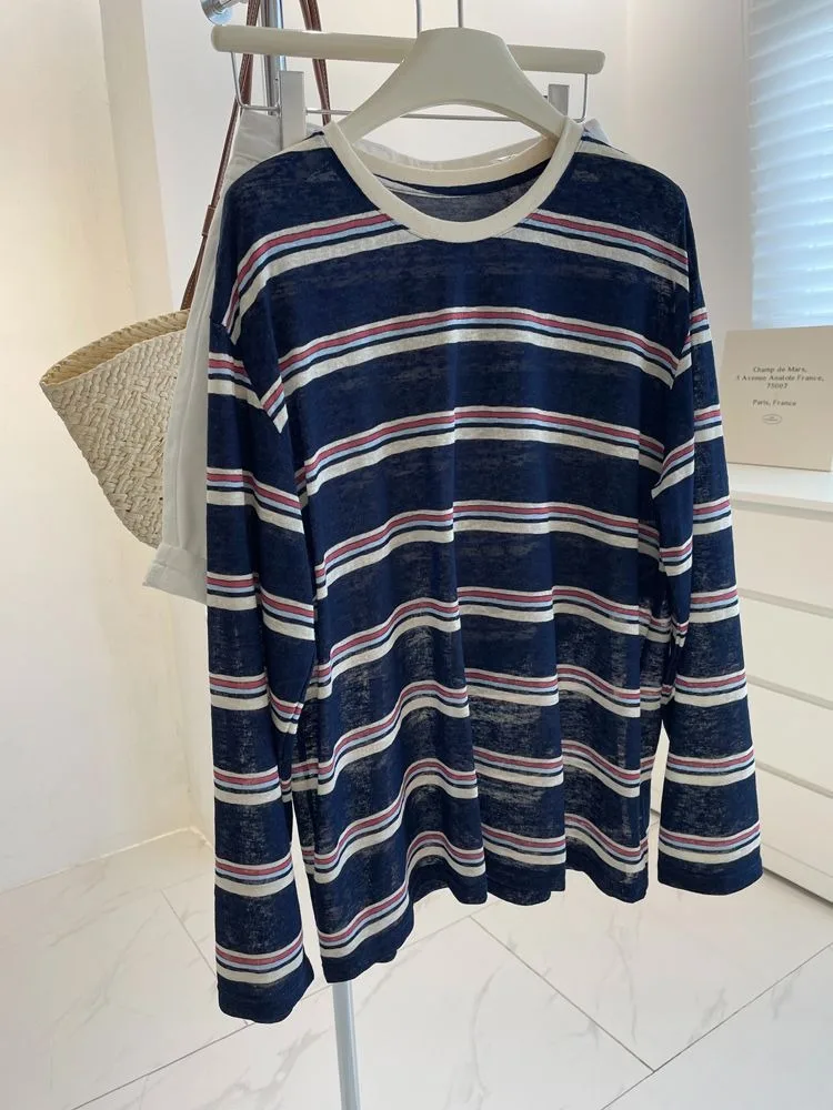 เสื้อแขนยาวลายทางสีน้ำเงินขาวส - T-Shirts บทวิจารณ์และราคา
