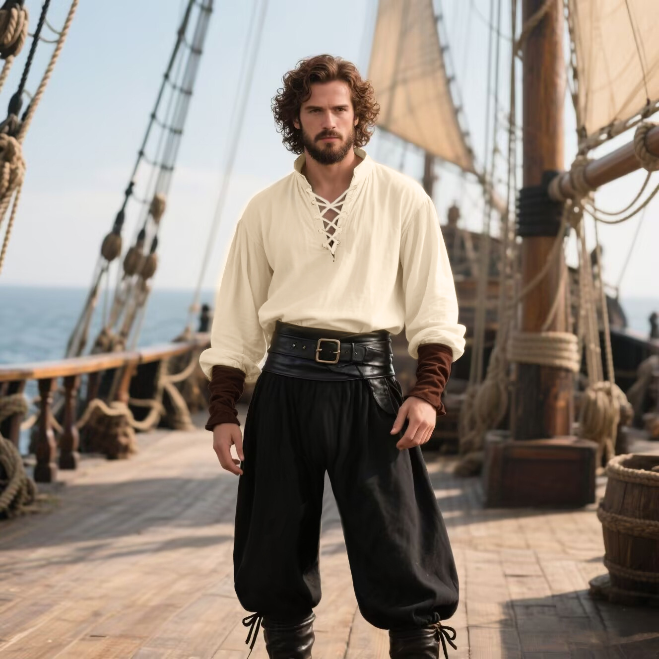ชุดโจรสลัดฮาโลวีนสำหรับผู้ชาย  - Medieval Gothic Lace Up Pirate Shirt บทวิจารณ์และราคา