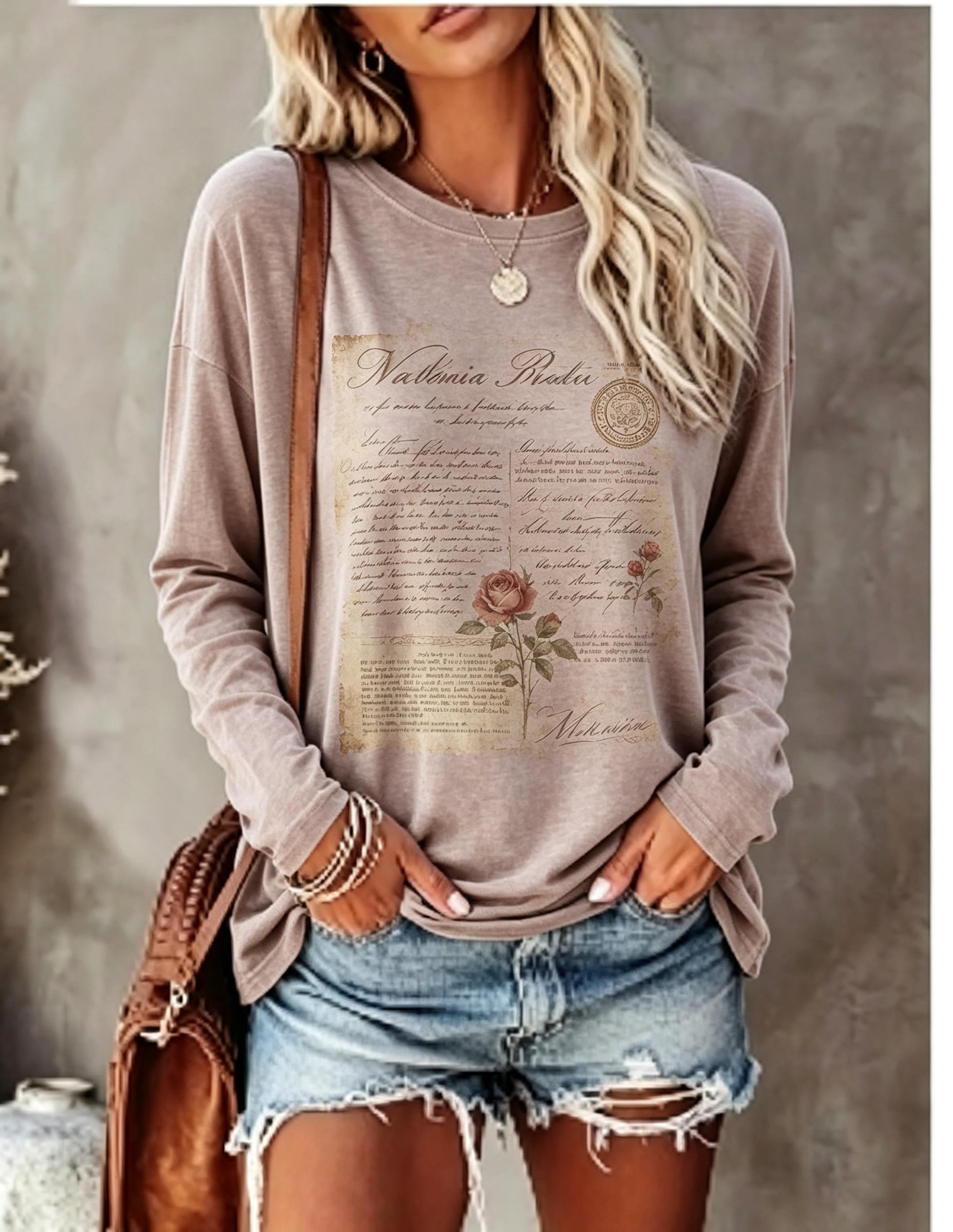เสื้อยืดแขนยาวผู้หญิง ลายโปสเต - T-Shirts บทวิจารณ์และราคา